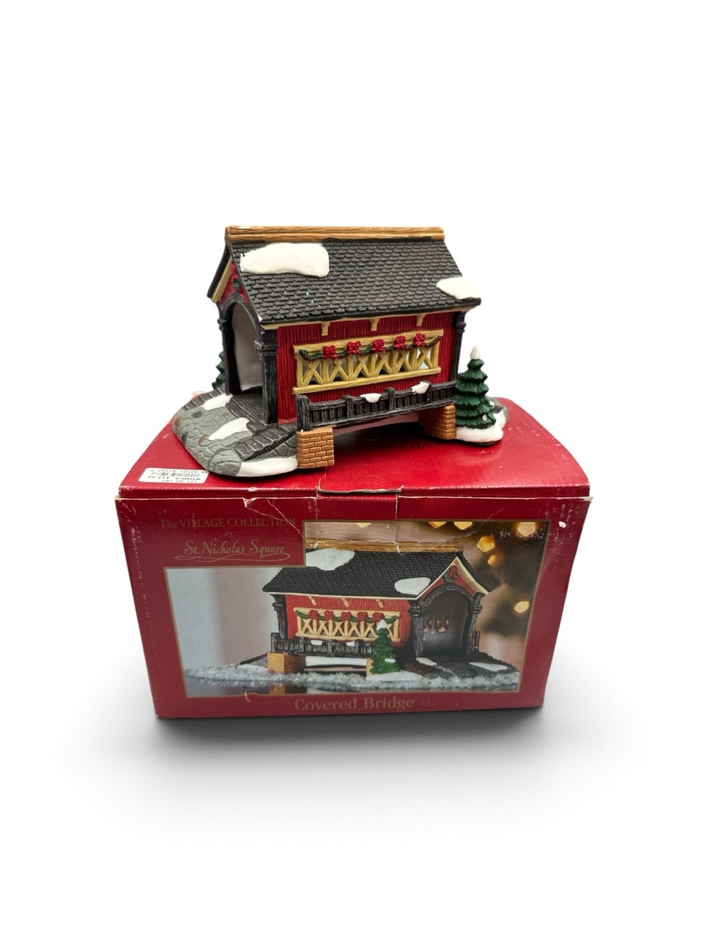 Vintage 1997 St Nicholas Square Covered Bridge Christmas Village Boxed